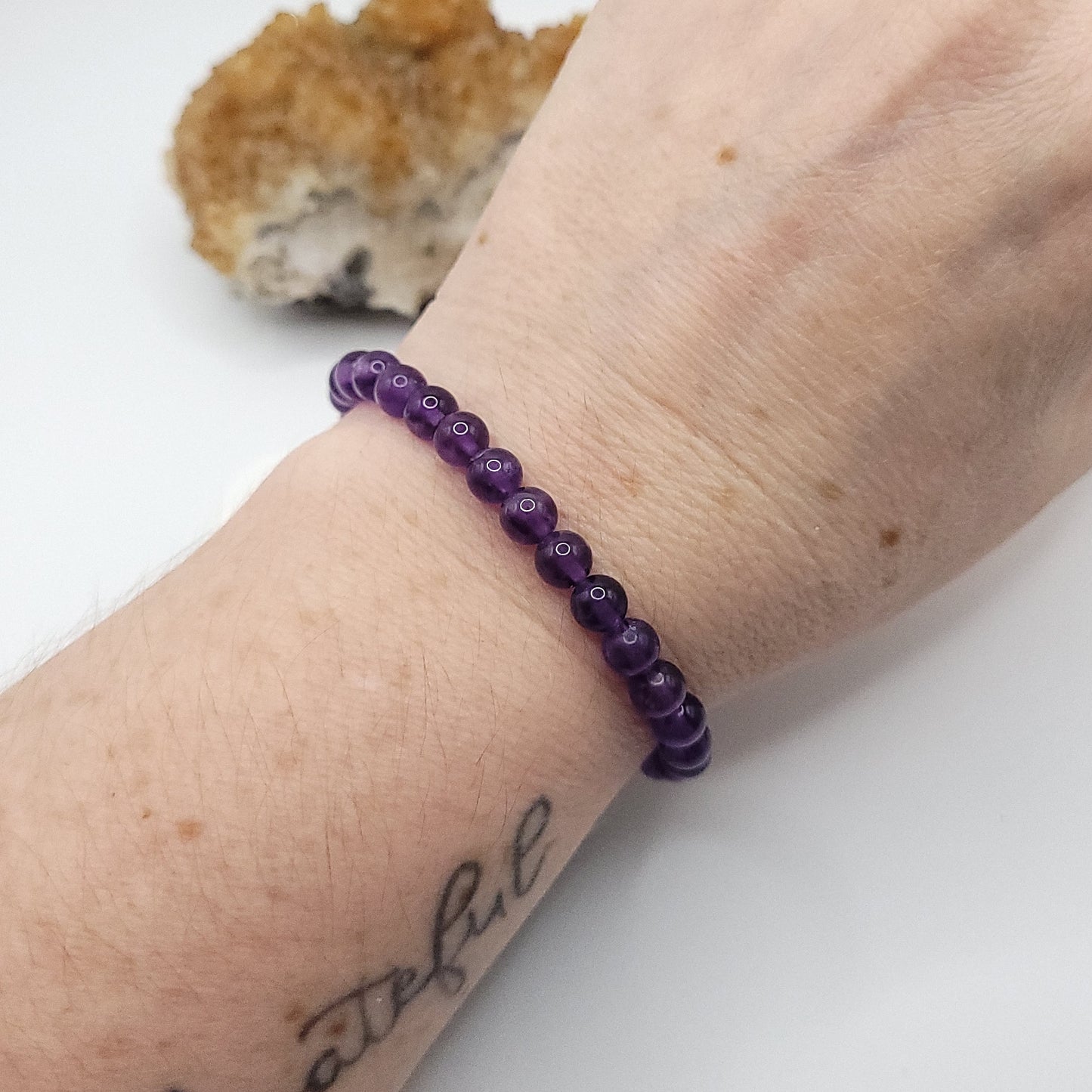 amethyst bracelet on wrist