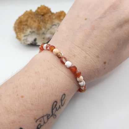 fire agate bracelet, 7" beaded stretch bracelet on wrist