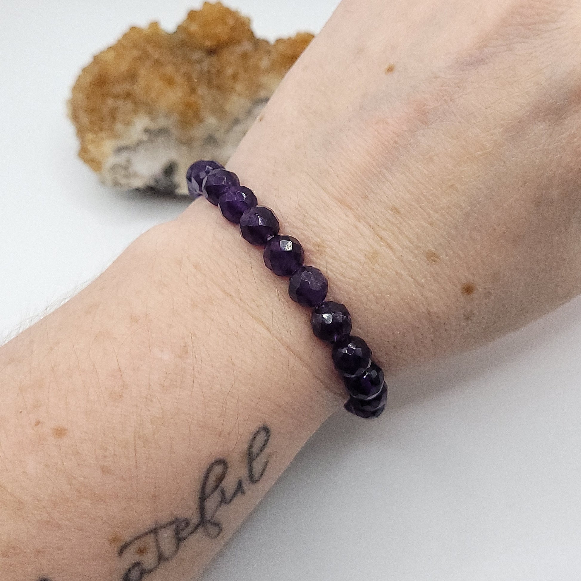 amethyst bracelet on wrist