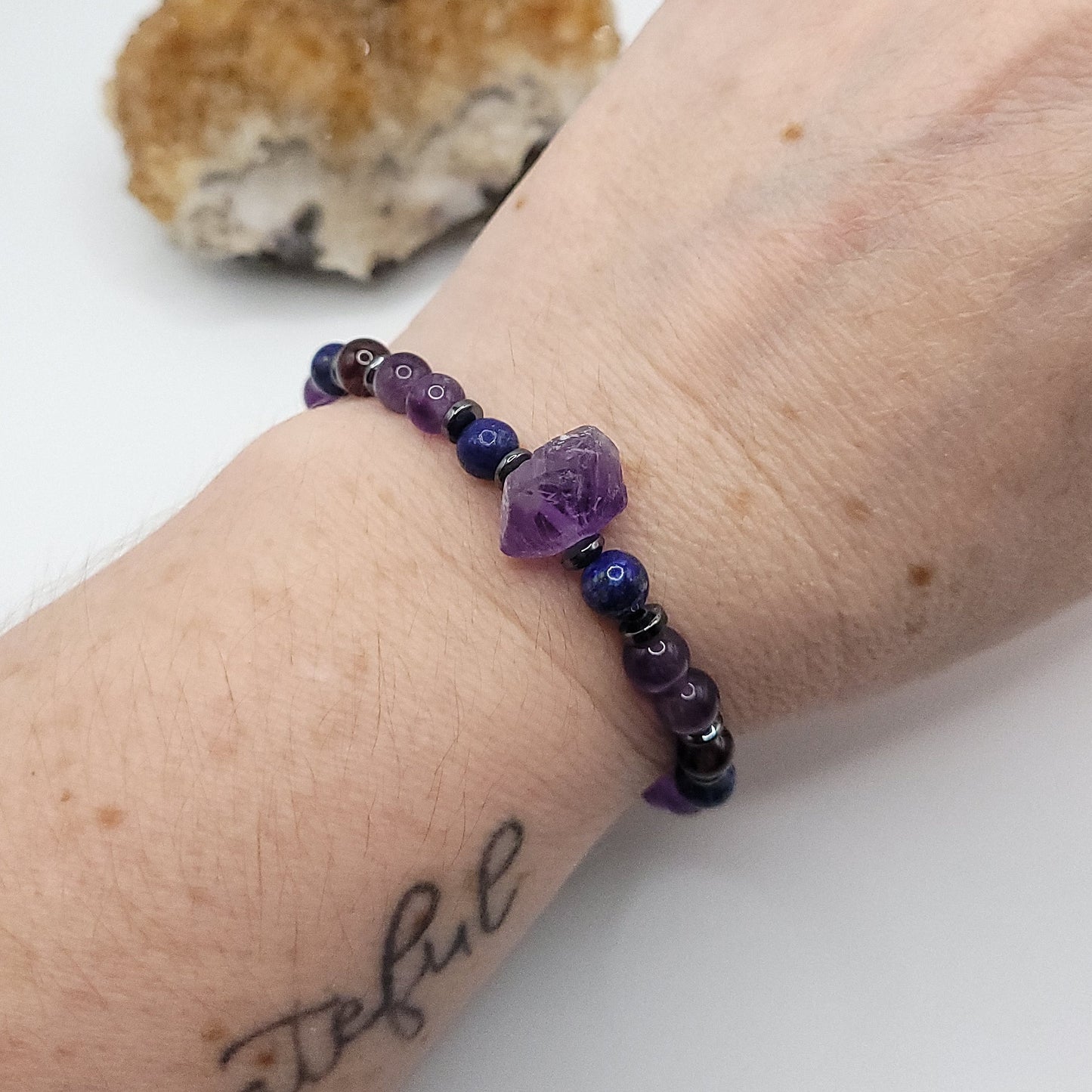 Amethyst Lapis Lazuli & Garnet Bracelet on wrist