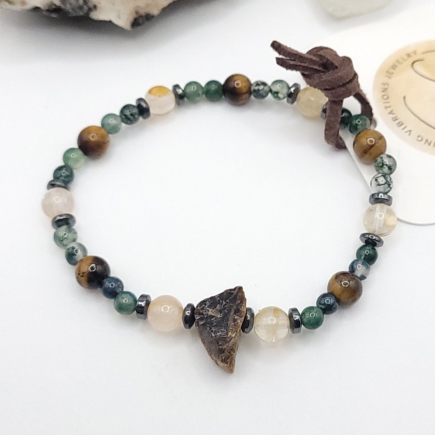 Tigers Eye Green Moss Agate & Golden Healer Bracelet on white background
