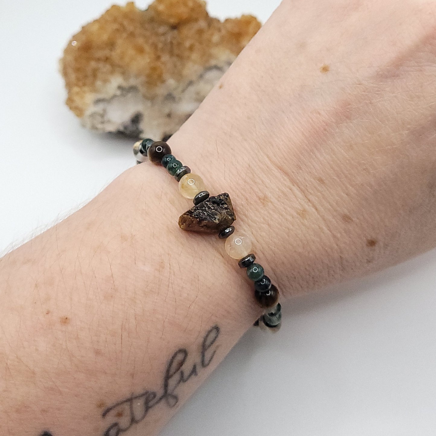 Tigers Eye Green Moss Agate & Golden Healer Bracelet on wrist