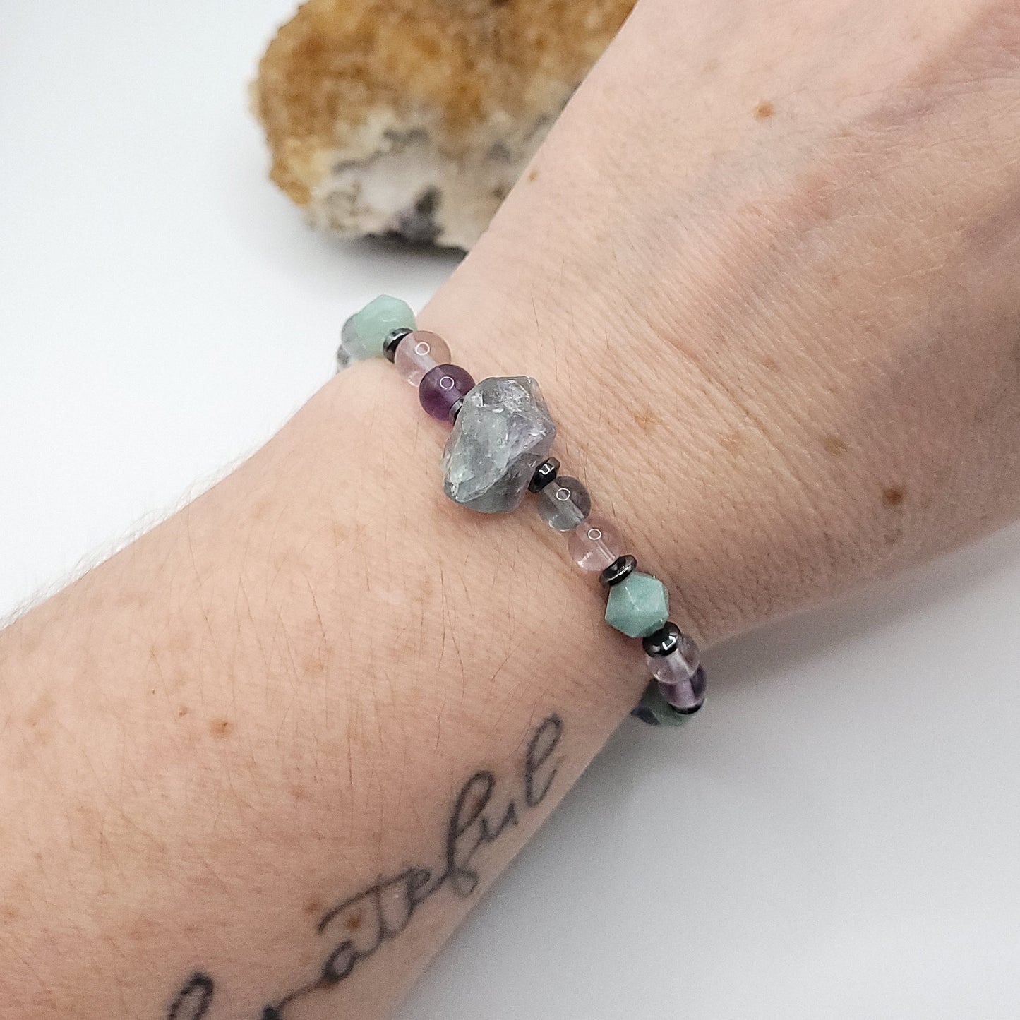 Fluorite & Amazonite bracelet on wrist