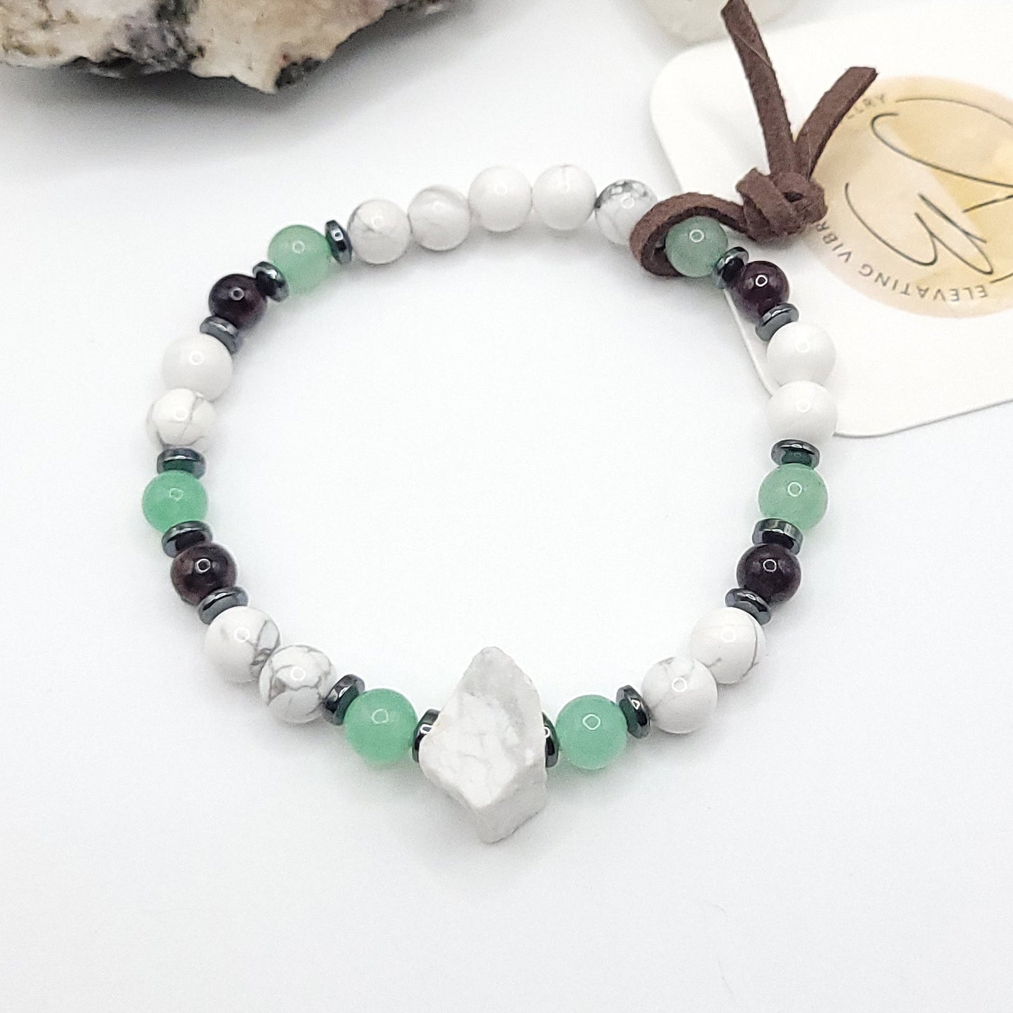 Howlite Green Aventurine & Garnet bracelet on white background