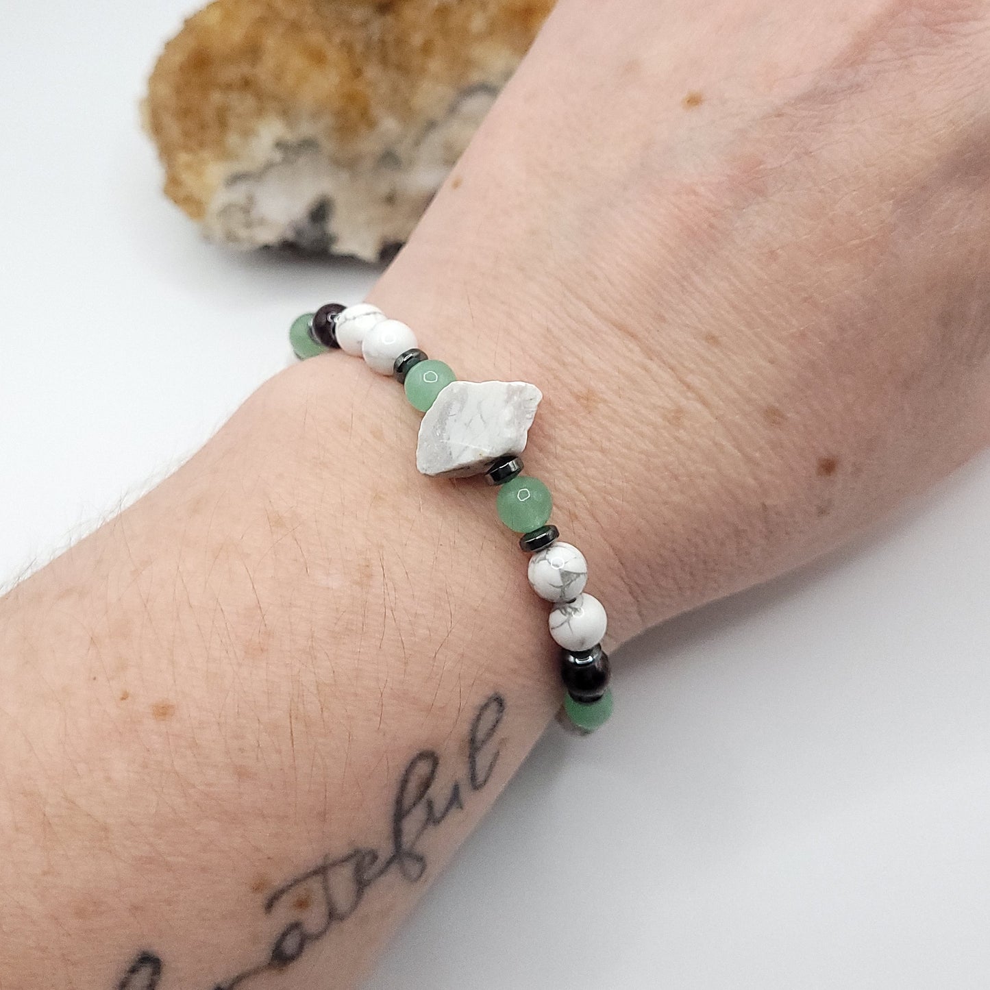 Howlite Green Aventurine & Garnet bracelet on wrist