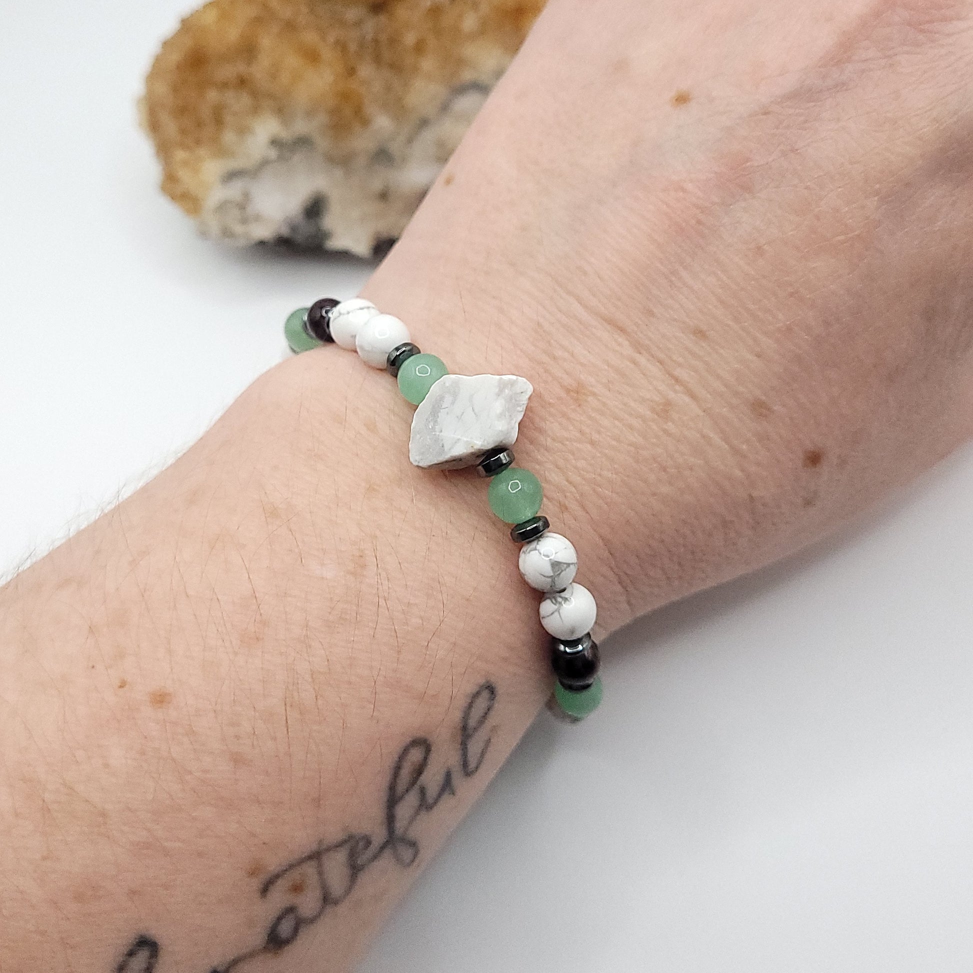 Howlite Green Aventurine & Garnet bracelet on wrist