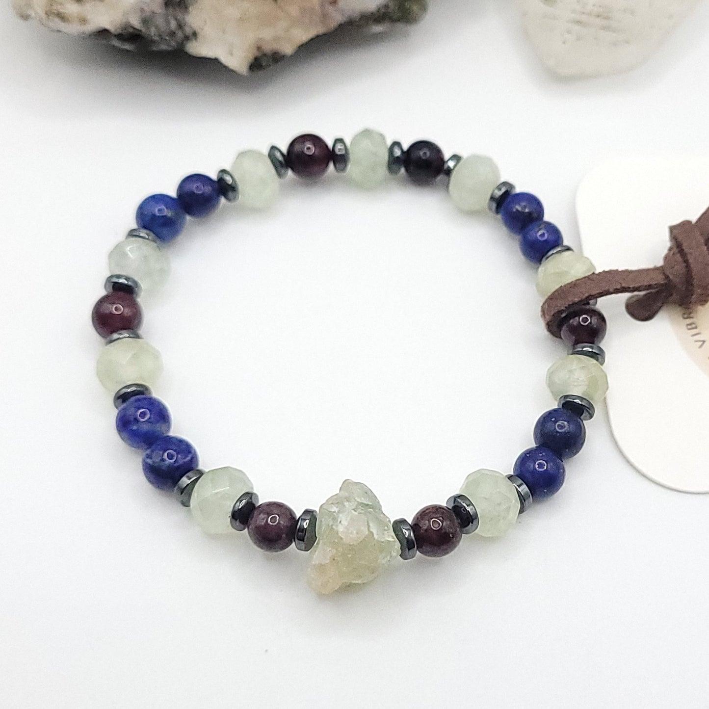  Prehnite Garnet & Lapis Lazuli bracelet on white background