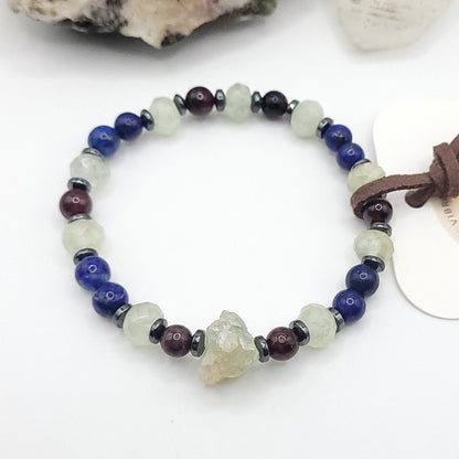  Prehnite Garnet & Lapis Lazuli bracelet on white background