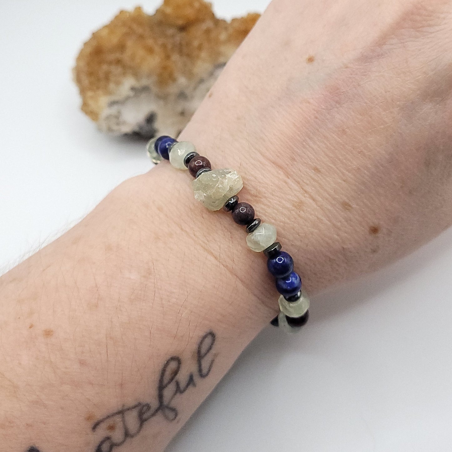  Prehnite Garnet & Lapis Lazuli bracelet on wrist