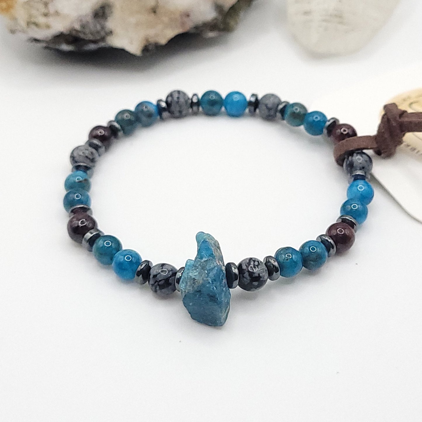 Blue Apatite Garnet & Snowflake Obsidian bracelet - focused power