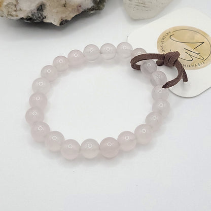 rose quartz bracelet made with 8mm beads and stretch elastic