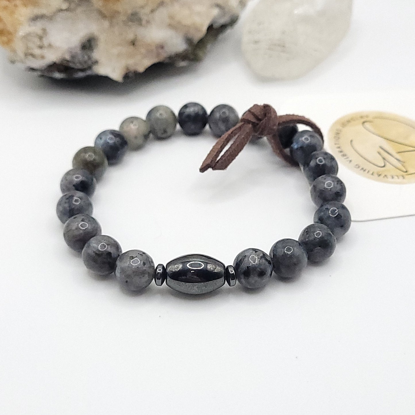 larvikite & hematite bracelet - stretch bracelet 7"