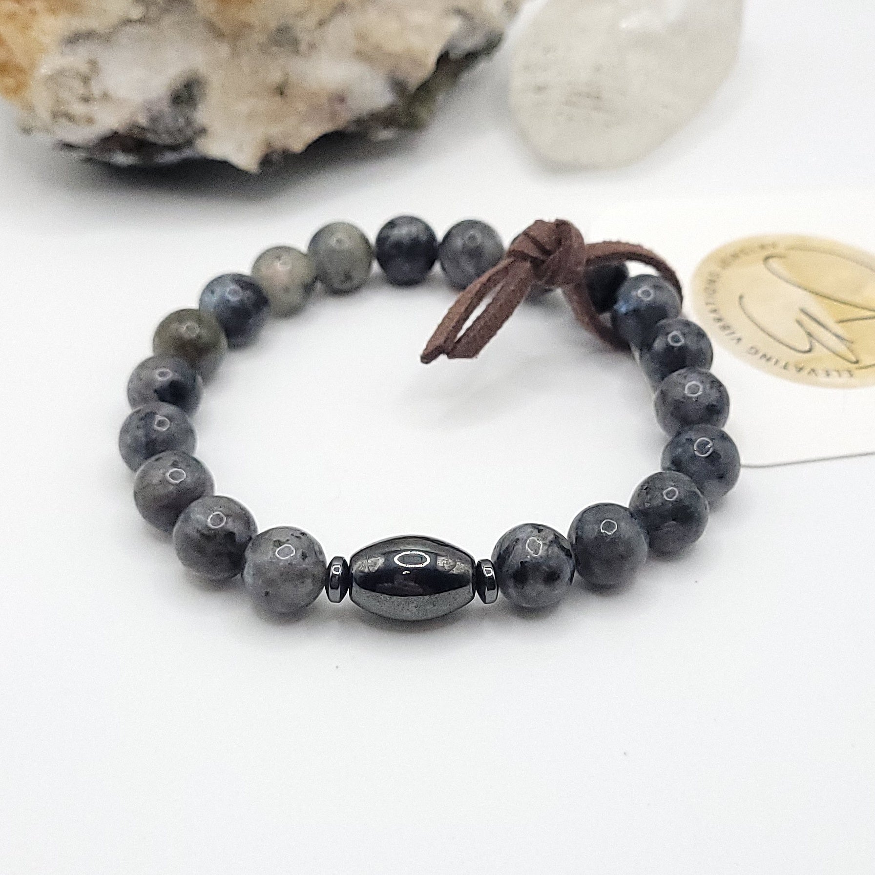 larvikite & hematite bracelet - stretch bracelet 7"
