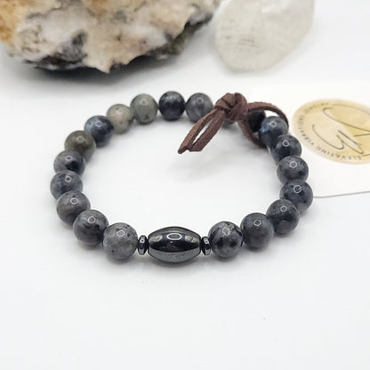 larvikite & hematite bracelet - stretch bracelet 7"