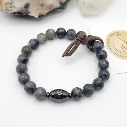 larvikite & hematite bracelet on white background