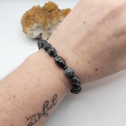 larvikite & hematite bracelet on wrist
