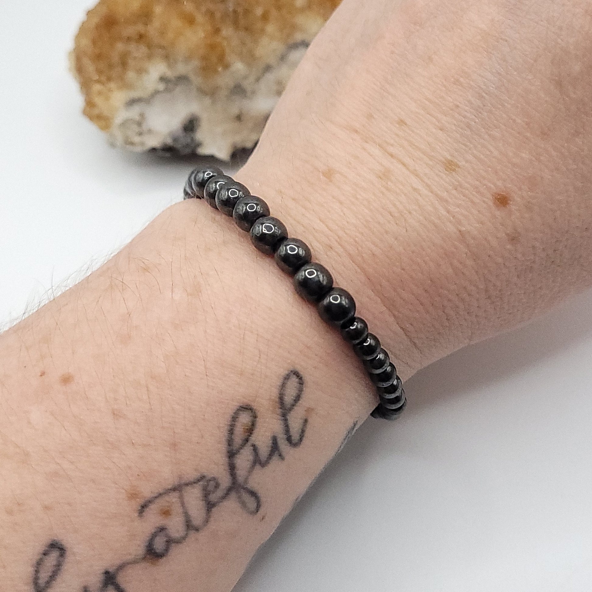 hematite bracelet, 7" beaded stretch bracelet on wrist