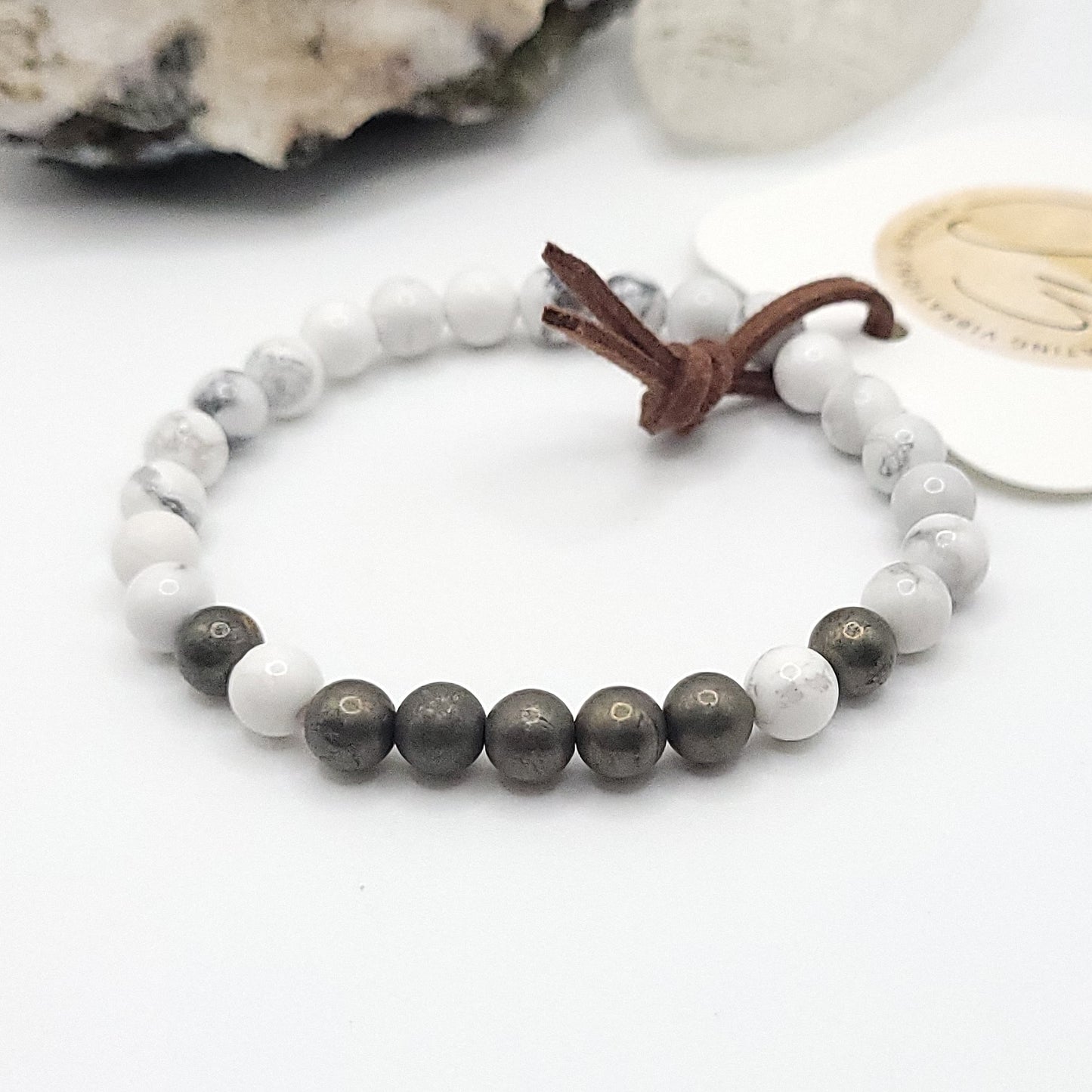 pyrite & howlite bracelet , 7" beaded stretch bracelet