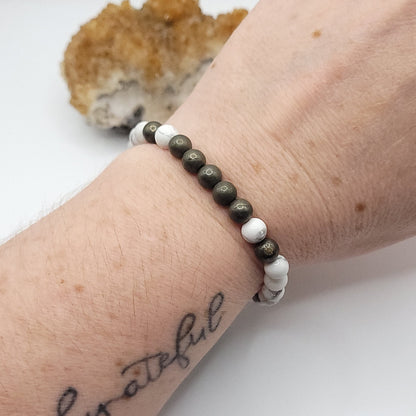 pyrite & howlite bracelet , 7" beaded stretch bracelet on wrist
