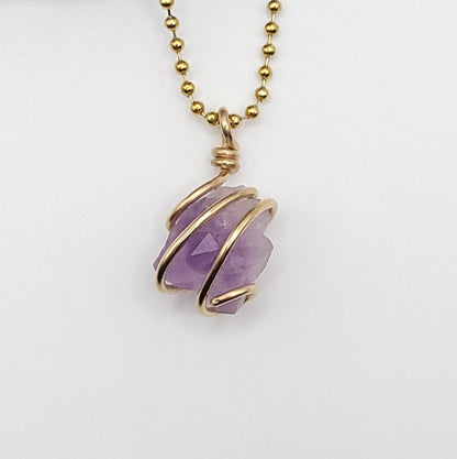 raw amethyst necklace in 14k gold filled wire up close