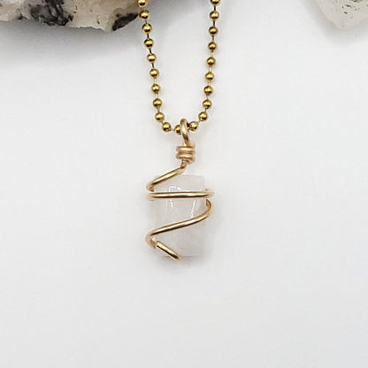 rectangular rainbow moonstone necklace in 14k gold filled on white background