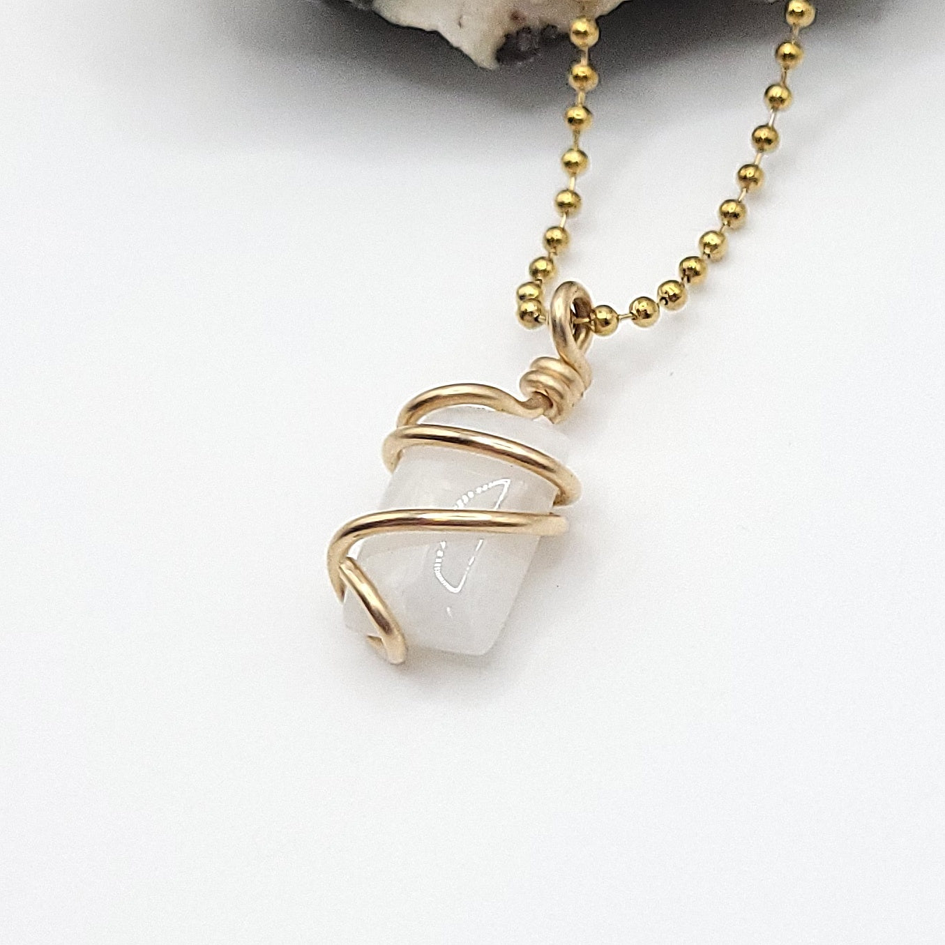 rectangular rainbow moonstone necklace in 14k gold filled side view