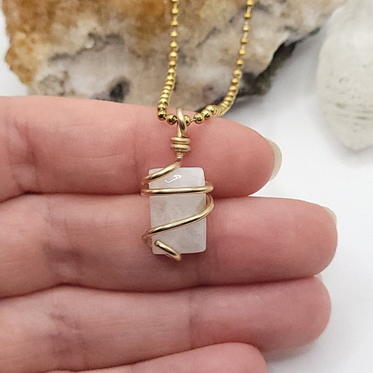 rectangular rainbow moonstone necklace in 14k gold filled 