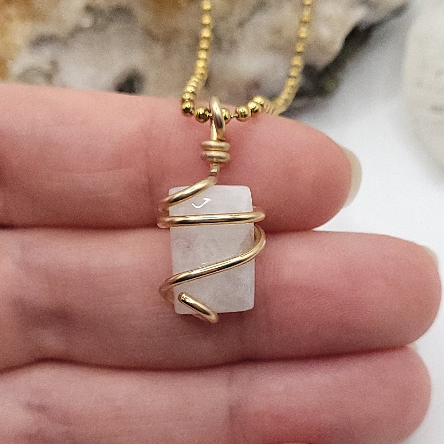 rectangular rainbow moonstone necklace in 14k gold filled 