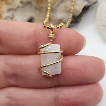 rectangular rainbow moonstone necklace in 14k gold filled 