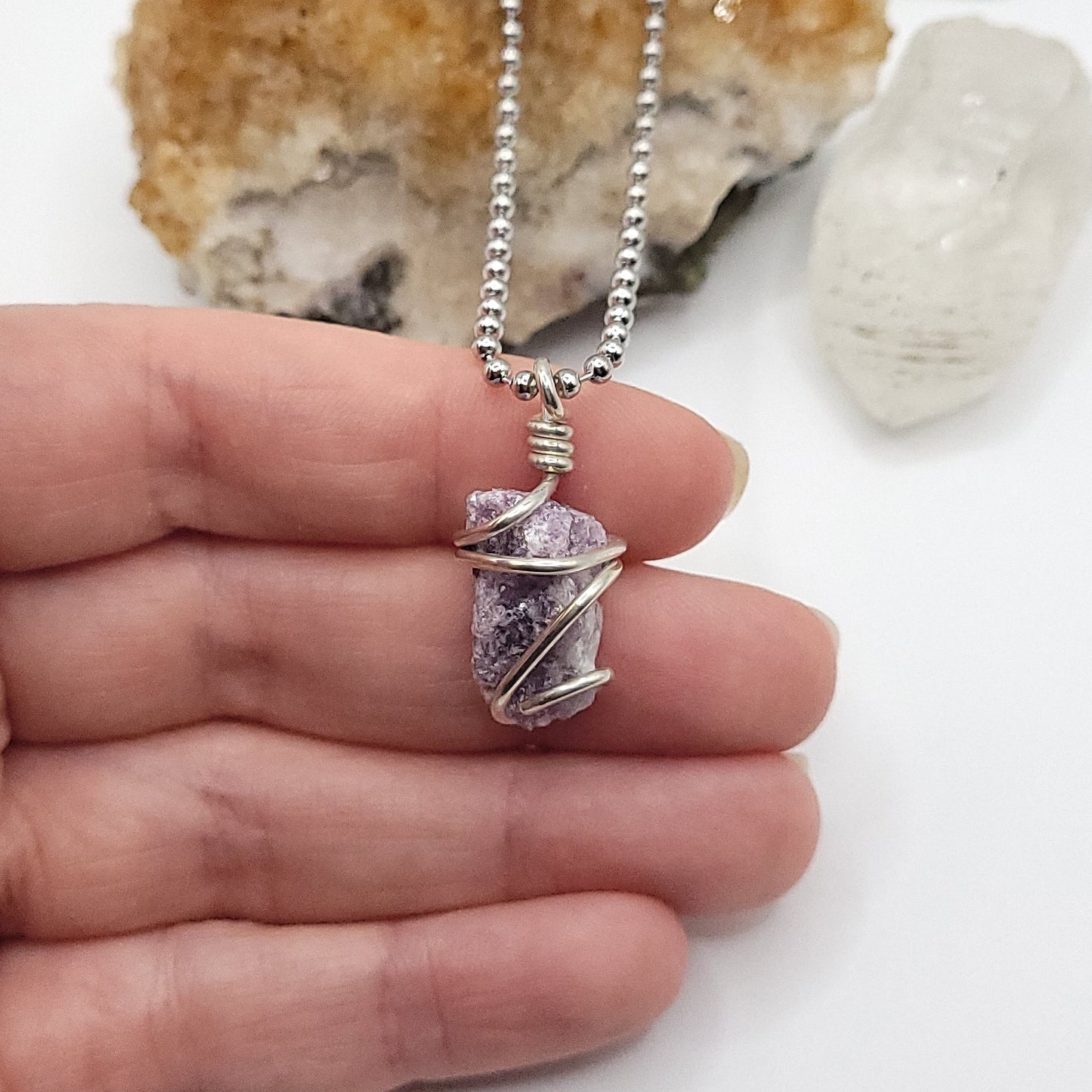 Raw Lepidolite Necklace in Silver – Crystal for Calm & Emotional Balance