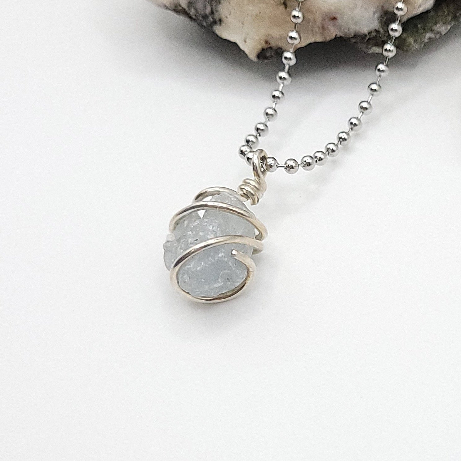 raw celestite necklace in sterling silver side view