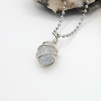 raw celestite necklace in sterling silver side view