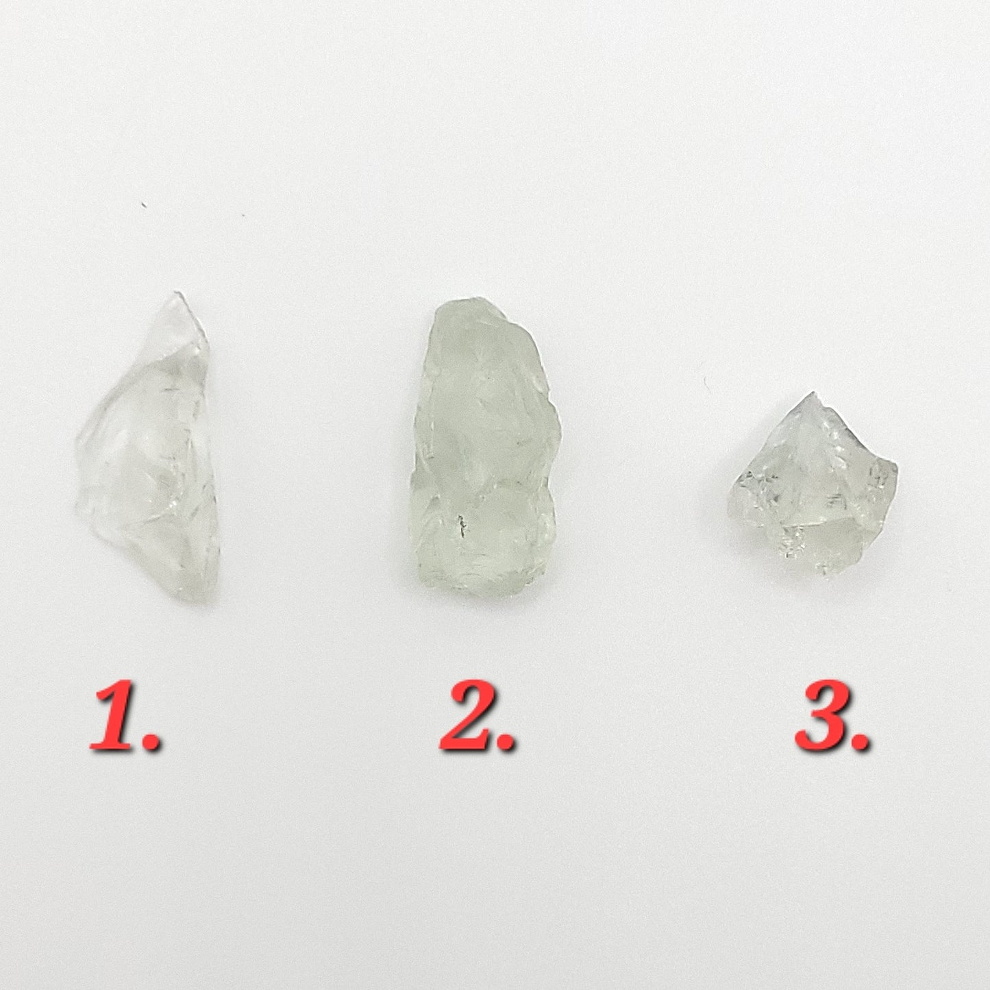 3 pieces of raw prasiolite to choose from for a raw prasiolite necklace in copper wire