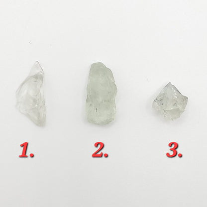 3 pieces of raw prasiolite to choose from for a raw prasiolite necklace in copper wire