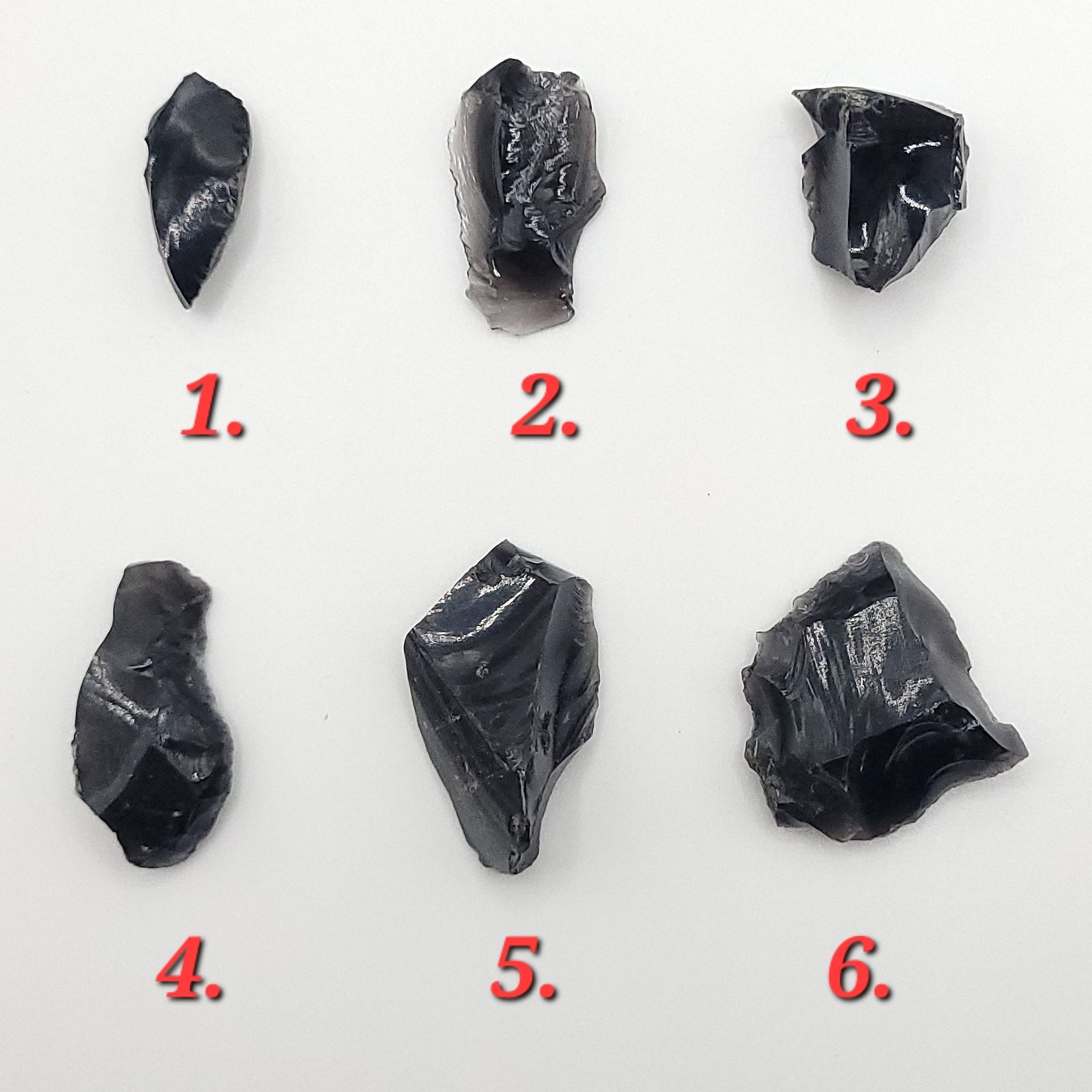 6 choices of raw black obsidian for a raw obsidian necklace in copper