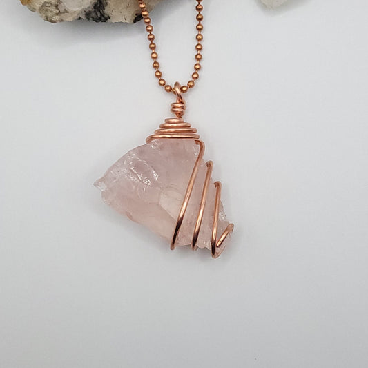 Raw Rose Quartz Necklace in Copper - Crystal for Love & Compassion