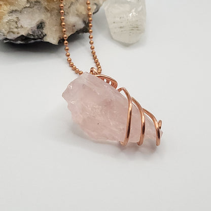 Raw Rose Quartz Necklace in Copper - Crystal for Love & Compassion