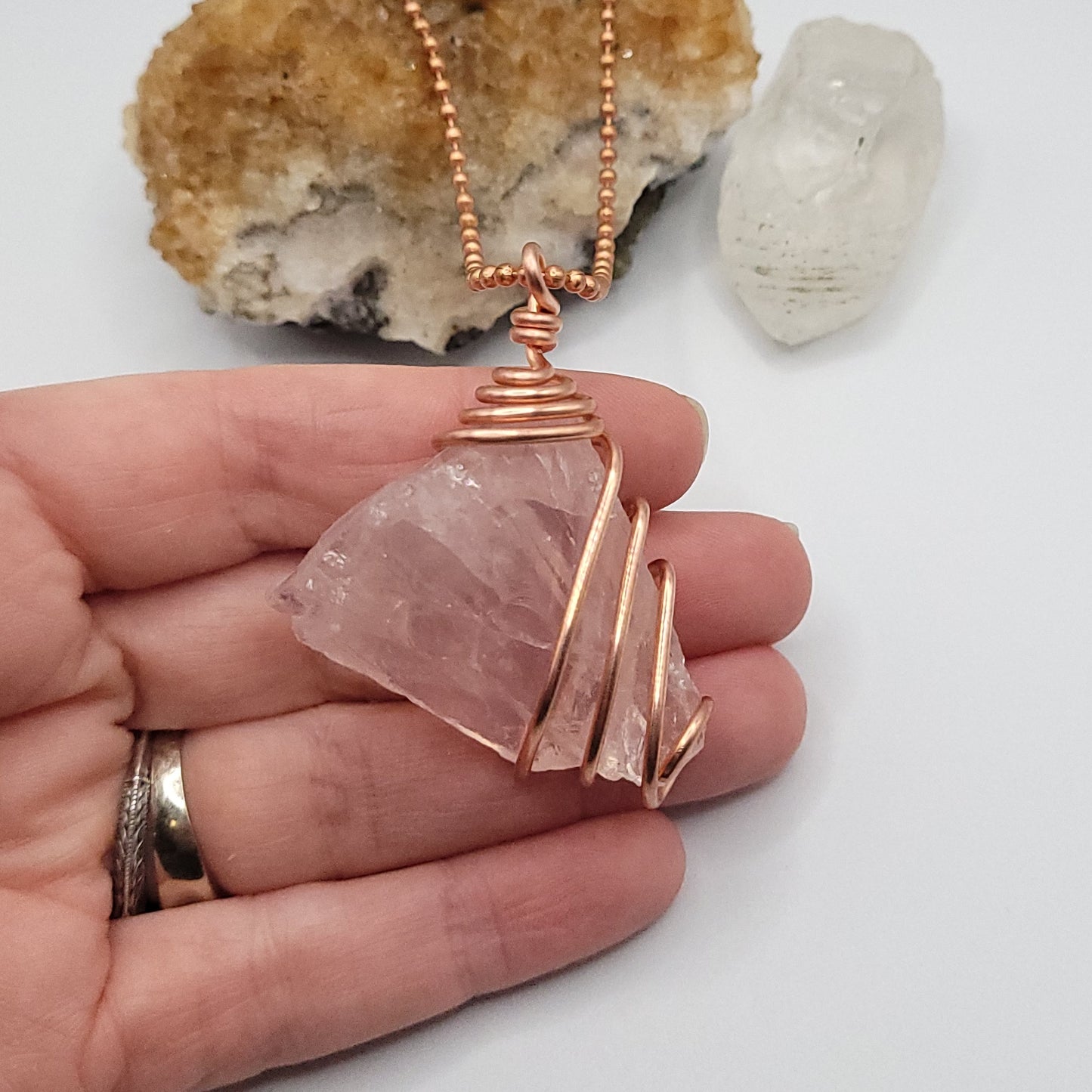 Raw Rose Quartz Necklace in Copper - Crystal for Love & Compassion