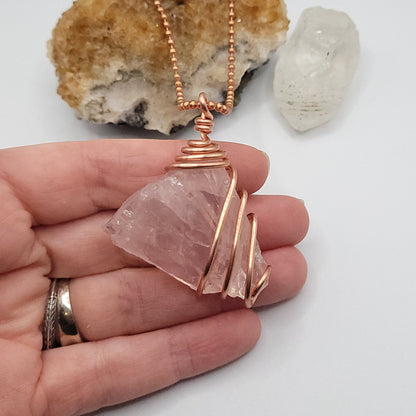 Raw Rose Quartz Necklace in Copper - Crystal for Love & Compassion