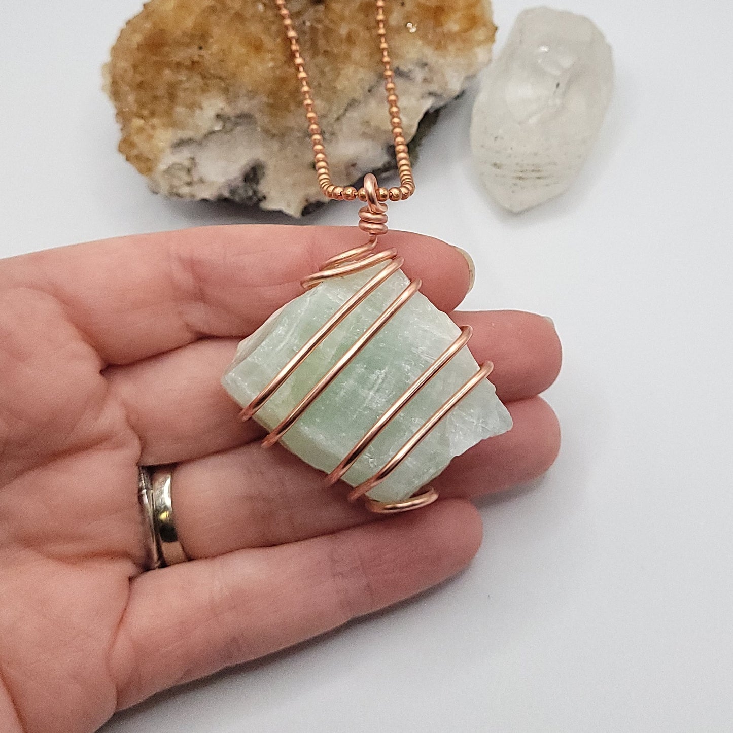 Raw Green Calcite Necklace in Copper - Crystal for Renewal