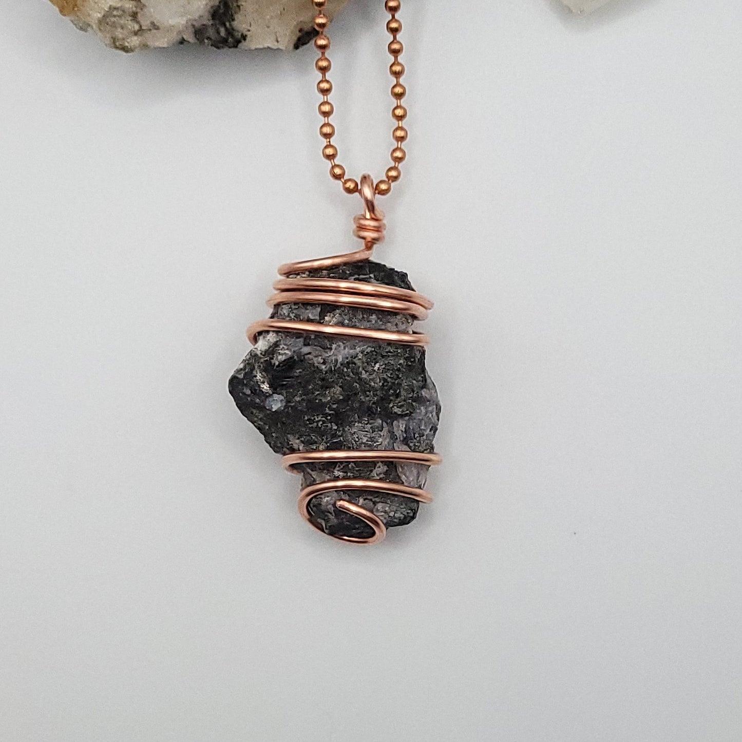 raw mystic merlinite necklace in copper wire on a copper ball chain