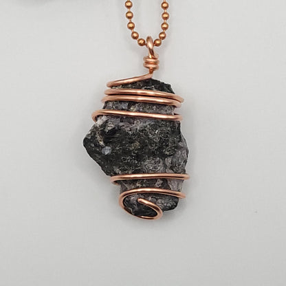 raw mystic merlinite necklace in copper wire on a copper ball chain up close