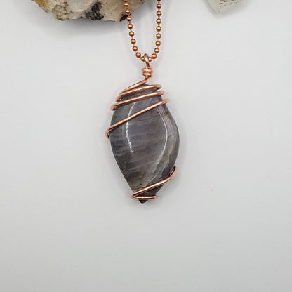 labradorite necklace in copper wire on a copper ball chain