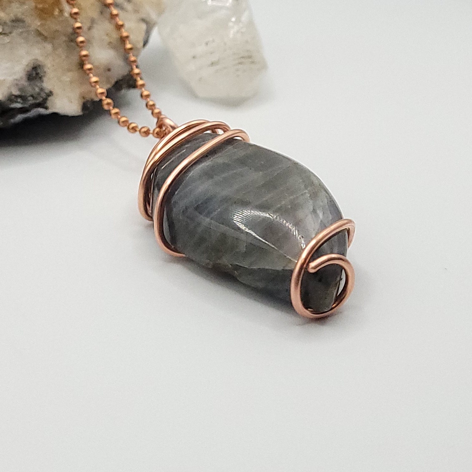 labradorite necklace in copper wire on a copper ball chain side view