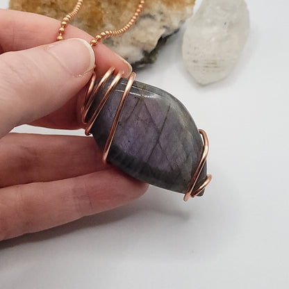 labradorite necklace in copper wire on a copper ball chain