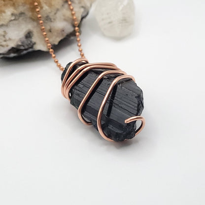Raw Black Tourmaline Necklace in Copper - Crystal for Protection
