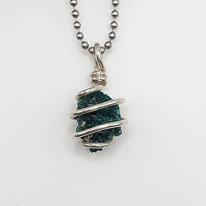 Raw Dioptase Necklace in Silver Wire up close