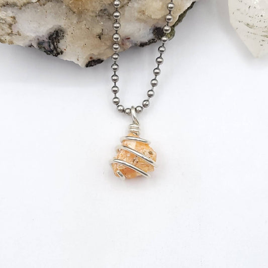 Raw Orange Calcite Necklace in Silver - Crystal for Creativity & Energy