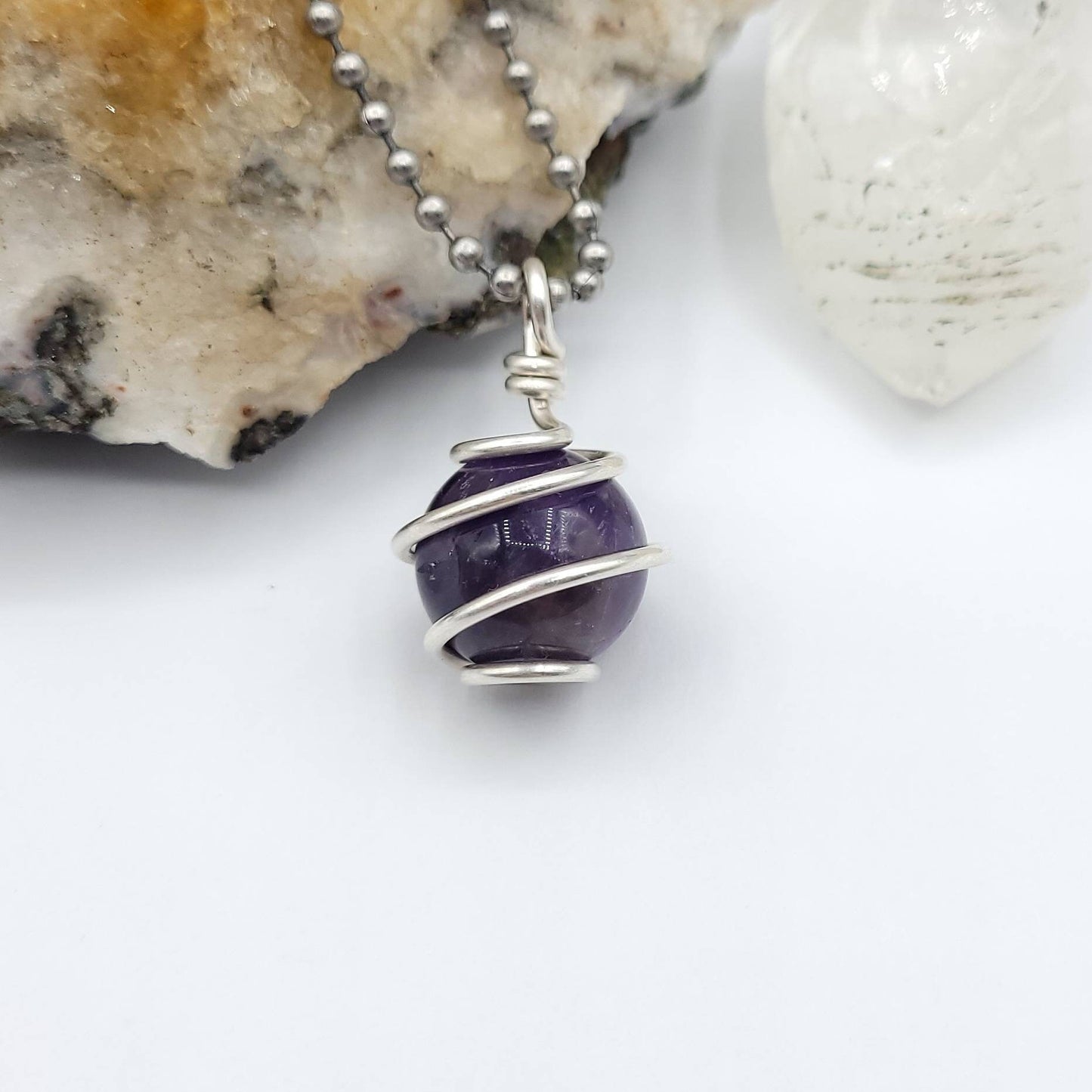 Amethyst Sphere Necklace, Silver Wire Wrapped Amethyst Pendant