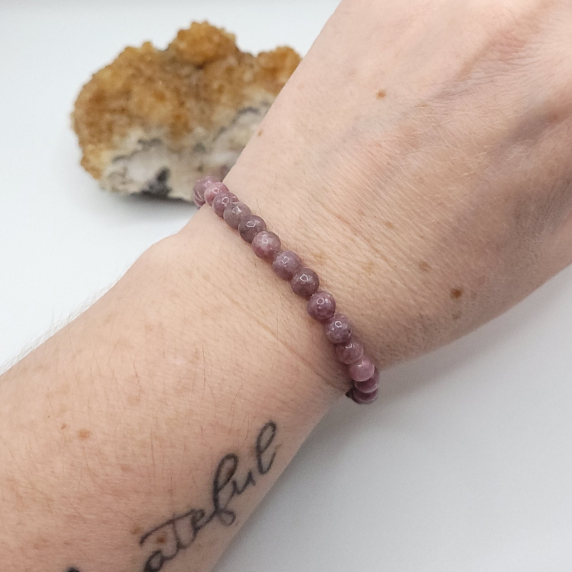 lepidolite bracelet, 7" beaded stretch bracelet on wirst